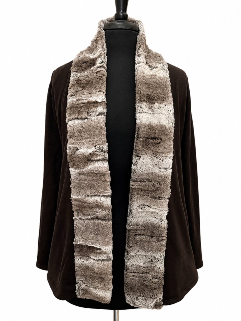 Saks Fifth Avenue Faux Fur Trim Cardigan XS Brown Open Front Sweater Jacket